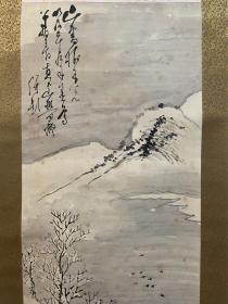 古筆雪景山水图，清代，【田能村直入】 
1814 - 1907（文化十明治四十）94歲。本
姓三宮，幼名傳太、鬆太，名痴，字顧絕，號小虎、小虎散 人、笠翁、青灣漁老、青灣茶寮、青椀、直入山樵、山樵、 畫仙堂、竹翁居士。豐後國（今大分縣）生人。9歲入田 能村竹田門下，後成為其養子，並易姓田能村。儒學從 師籙崎小竹、大鹽後素