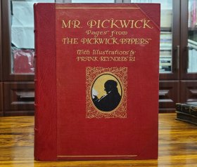 初版皮面重装 Frank Reynolds狄更斯匹克威克外传故事 25幅彩色插图 大开本28厘米多 Mr Pickwick Pages from the Pickwick Papers 大概是1910年出版 原封面 书脊和八角皮面重装 总体装帧还是比较贴合
