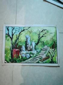 八十年代水彩风景画之五：36x25cm，落款：蔡文君（铅笔书写），厚纸衬裱，纯手工绘制。