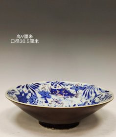 旧藏“大清康熙年制”精工细作满工青花釉里红鱼藻纹斗笠碗