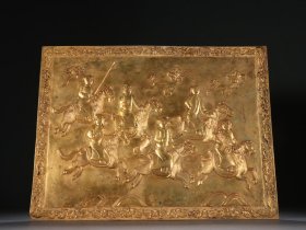 辽金铜鎏金人物骑马图板尺寸：宽40*30cm重1260g