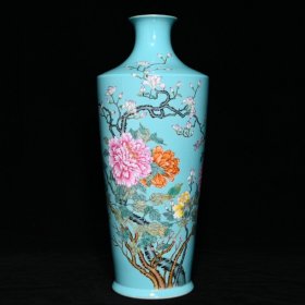 清雍正松石釉粉彩荣华富贵花卉纹梅瓶，高38.3cm直径15.8cm，