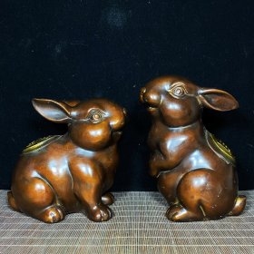 （亏本捡漏特价处理）纯铜鎏金财福双全大兔子一对，单个尺寸高19厘米，长15厘米，一对重4433克