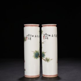 民国珠山八友刘雨岑花鸟纹笔筒 21*6.3厘米