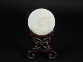 和田玉荷叶莲花诗文圆屏