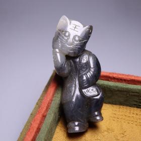 旧藏 和田玉青花面具童子雕件