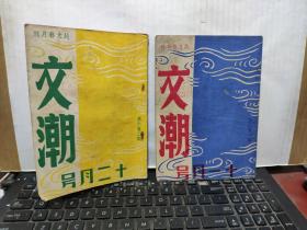 文潮、纯文艺月刊、第六卷第一、二期十一月、十二月号（中华民国三十七年出版，十一月号，缺失晚归油画、悲多芬像木刻、易卜生像铅画，两册都是每一页核对过得，书品保存上好，两册合售）十一月号收录；赵景深的文学的意义、易卜生底青年时代、十二月号收录；正气图木刻白芍、椰林市集国画关山月、陈布雷先生遗影和灵车、易卜生的中年和晚年、一个优秀散文家、作家是一种什么人、读温飞卿菩萨蛮、兰州文艺界动态、悼陈布雷4-4