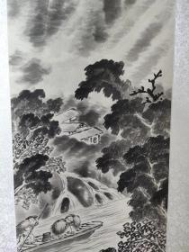 漂亮清代四尺对开水墨山水画一幅，风雨归舟图，题字，山色空蒙雨脚飞，一篙新涨鮆鱼祀36*133CM