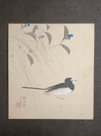 日本四条派名家，帝展委员山田耕云（1878～1956）手绘立禽图，色纸，绢本。