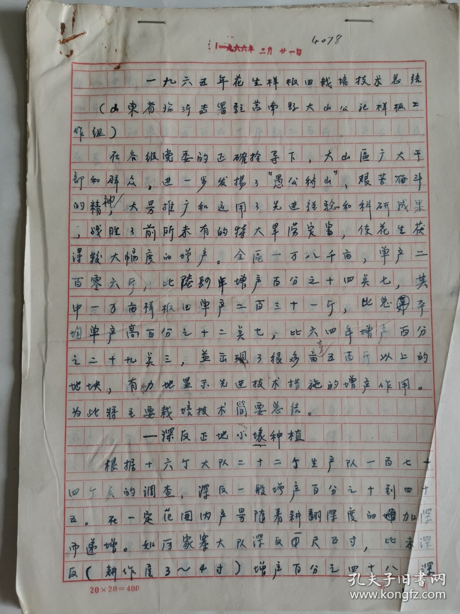 点击查看原图 农业技术手稿:65年花生样板田栽培技术总结