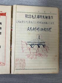 1972年间某编辑部 出版底本 手稿本 《纪念毛主席的光辉著作 文艺创作征文选等》一册全  此稿用红皮本抄成，字体不一，但都很工整，有的附手绘插画，选录当时投稿人诗歌等文艺作品几十首，后附录通讯录，当为出版社出版底本，极具价值，保真