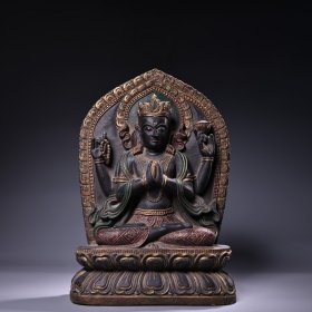 珍品旧藏西藏收老纯手工高浮雕刻彩绘描金青石藏传四壁观音佛像一尊 工艺精湛 造像款式器型精美