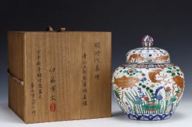 C13---旧藏大明嘉靖青花五彩鱼澡纹盖罐