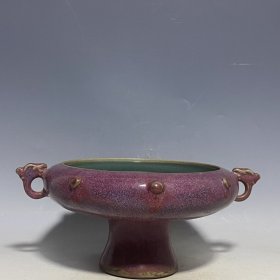 宋官窑钧瓷窑变釉双色双耳笔洗摆件：尺寸12x26厘米.