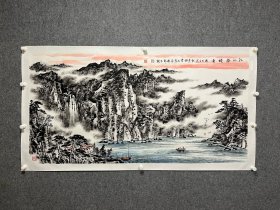 邱平模画家四尺横幅水墨江山胜境图国画作品焦墨山水画水墨山川景色国画作品客厅画办公室画大写意山水画纯手绘真迹作品