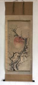 画87   精品老画水墨梅花图立轴，纸本绫裱，原装，画芯54×116㎝，款印如图，品相如图老旧，手绘精品放心收藏！