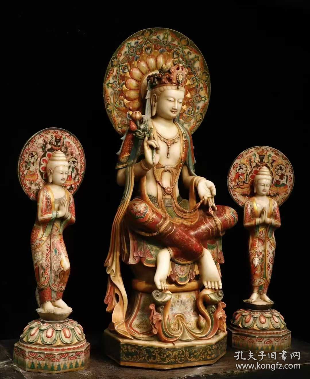 (议价） 北齐汉白玉彩绘大观音一套工艺精美法相庄严高150cm宽60cm厚45cm高1米宽36cm厚30cm