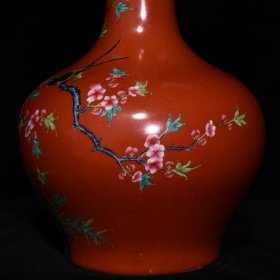 雍正矾红粉彩喜鹊闹梅纹蒜头瓶，高32cm直径20cm
