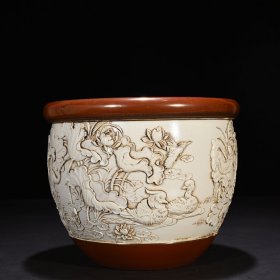 旧藏 清光绪王炳荣雕刻莲池鸳鸯纹卷缸 20*25厘米