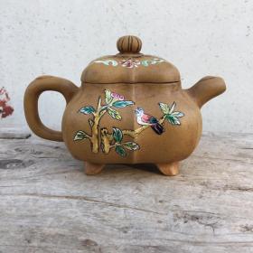 清代粉彩花鸟四方异形紫砂壶，尺寸见图