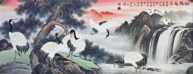 松鹤延年，写意画法，江苏省常州市美协陆海鲜老师真人真迹纯手绘作品，假一赔万，终身保真，支持第三方鉴定，老师的仙鹤画的非常细，包括树木，水流，山石画的惟妙惟肖，整个构图非常大气，漂亮。尺寸为1.8米x70公分，小六尺整张的，家里客厅，卧室，茶室，书房，大厅都可悬挂，松鹤延年长辈过寿，送长辈非常不错的选择。