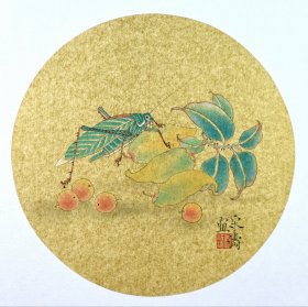 479. 知名自由工笔画家宋涛工笔精品《果叶翠虫》。