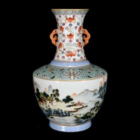 清乾隆粉彩山水亭台楼阁纹双耳瓶，25.5×17厘米