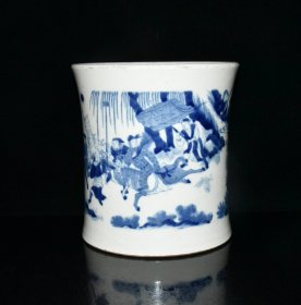 大明崇祯年制青花人物故事纹束腰笔筒 尺寸21.6×20.5cm