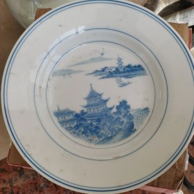 醴陵瓷器群力，轴下青花山水岳阳楼，瓷盘