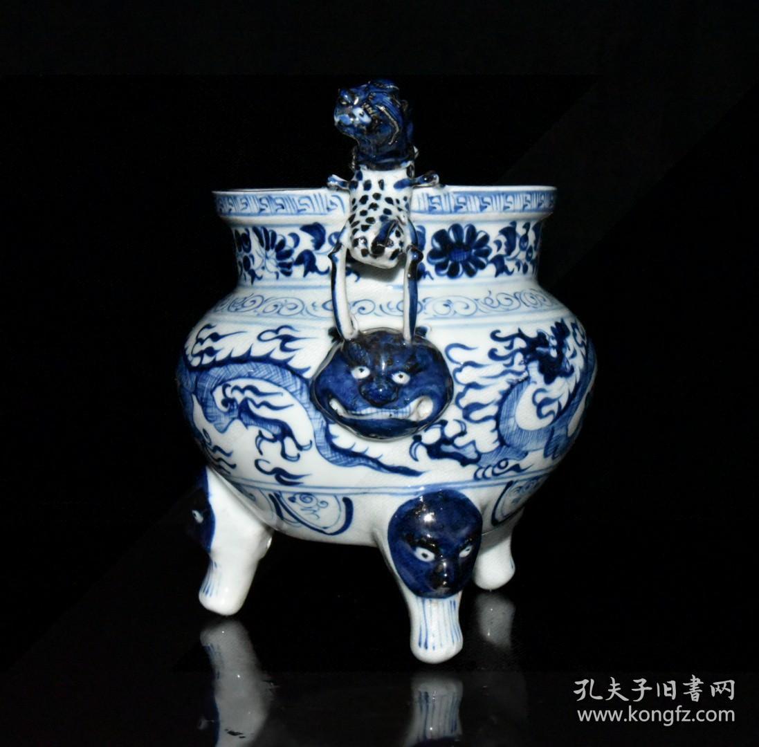 点击查看原图 元青花龙纹兽头香炉    古玩古董老瓷器收藏   21x20