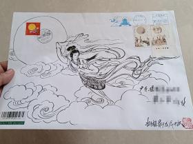 集邮 【 名家手绘封 】 著名连环画家姚柏老师手绘 《嫦娥奔月》： 2018年，广东揭阳，中秋节邮资机宣传戳，中秋节当日首启日实寄、中秋节邮票补资，加贴花好月圆邮票销全国风景戳评选十佳之一揭阳古八景之两溪眀月） C4大封