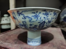 青花人物故事纹高足碗瓷器古董古玩老物件收藏品摆件保真