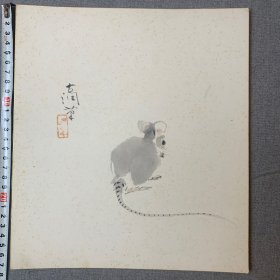 日本回流色纸，卡纸画，明治末昭和初期日本画家，山中古洞肉笔作品，硕鼠