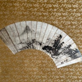 日本近代狩野派殿军，桥本雅邦作品，银笺扇面山水，纸本绫裱，木质轴头，画心49.5*15。5811