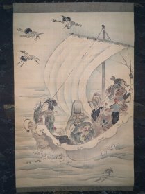 七福神大宝船，日本老绫裱绢本卷轴画 尺寸：装裱部分116/43厘米，作品部分49/34厘