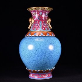 清乾隆本金珐琅彩西潘莲如意纹绿钧釉象耳转心瓶41*26厘米