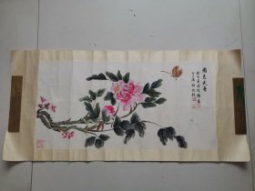 陸振麟画牡丹，任政题书法，画心尺寸66*33cm，品如图喜欢的联系