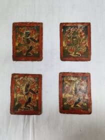 17世纪精品小唐卡一组，四张，材质：布面，纯手绘矿物颜料，画工精彩，人物神态描绘的精美，画面有些自然磨损，每张尺寸：11.7×9