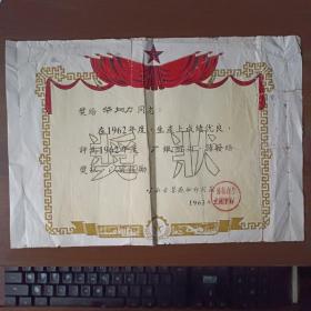 1963年公私合营飞翔印刷厂标兵奖状