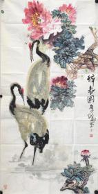 毛翔先教授仙鹤牡丹图，1941年生于义乌。中国美术学院出版社总编辑、中国美协会员、中国老艺术家书画院常务副院长。仙鹤，4尺整张立轴