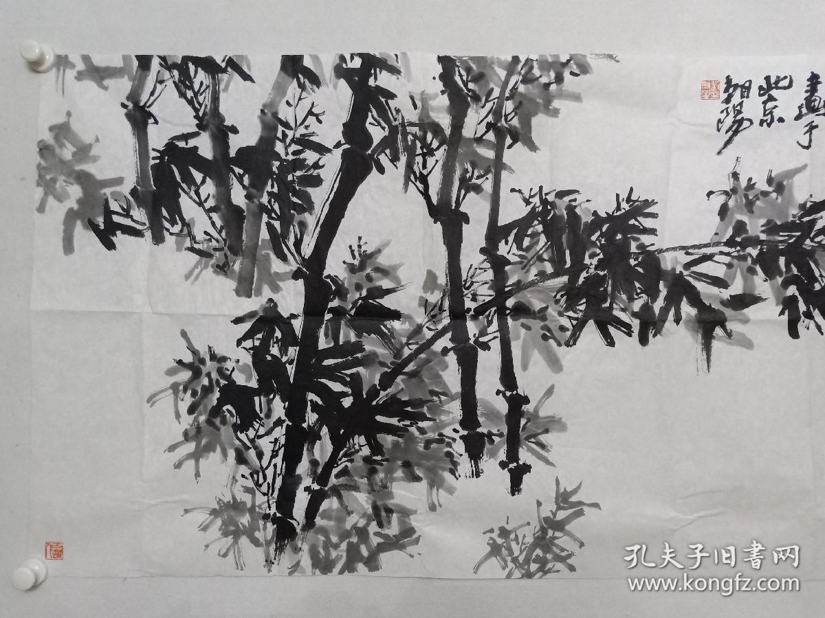 保真书画，当代国画名家，刘明星《师竹真君子也》国画一幅，软片，尺寸69×136cm。
