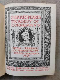 1891年，莎士比亚《科利奥兰纳斯》，卷首配插图，全真皮软面装，封面书脊烫金压花，书顶鎏金。书内夹有一张一百多年前的藏书票。