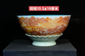 旧藏乾隆年制梵红釉山水人物转心碗,—