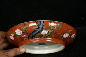 清嘉庆珊瑚红釉珐琅彩五福九桃纹粉盒 高7.5厘米 直径20.2厘米