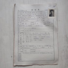 1977年教师登记表： 杨显 爱国民办小学/东风 人民公社爱国大队 芦泾港小学 贴有照片