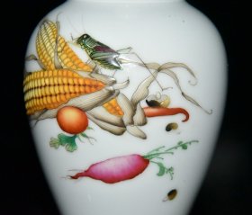 清雍正郎世宁珐琅彩玉米昆虫果蔬纹瓶一对【 19.8x9cm 】