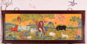 珍藏臣郎世宁恭绘！
红木镶精品黄底粉彩瓷板画《十二生肖》大横幅中堂挂屏！