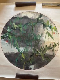 王健花鸟画墨竹子国画水墨字画书画作品扇面无题有章款纯手绘