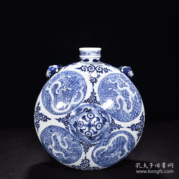 元青花海水龙纹扁壶 高46厘米宽40