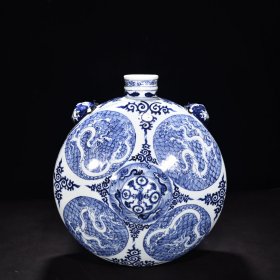 元青花海水龙纹扁壶 高46厘米宽40